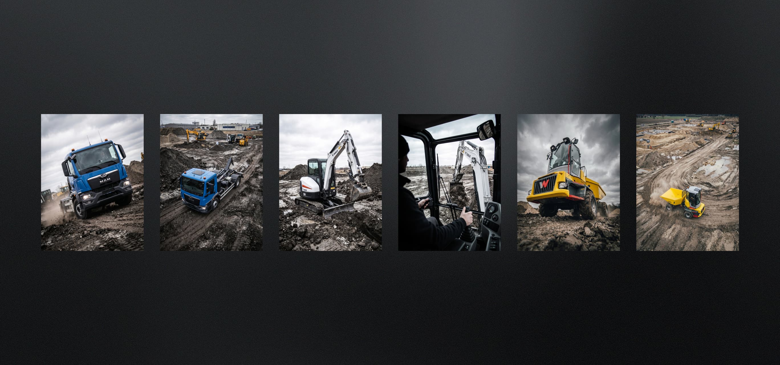 A row of photos of the company's own machinery — tipper, hook-lift truck, mini excavator and dumper