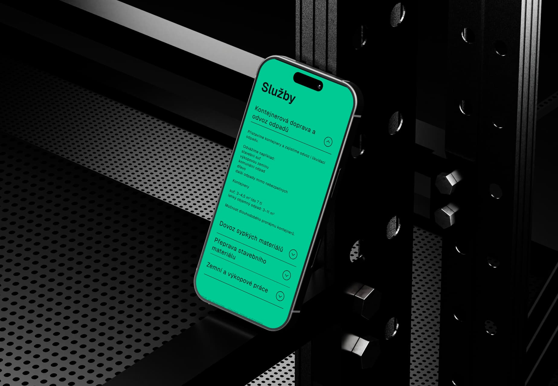 The Services page on a phone, with container haulage expanded