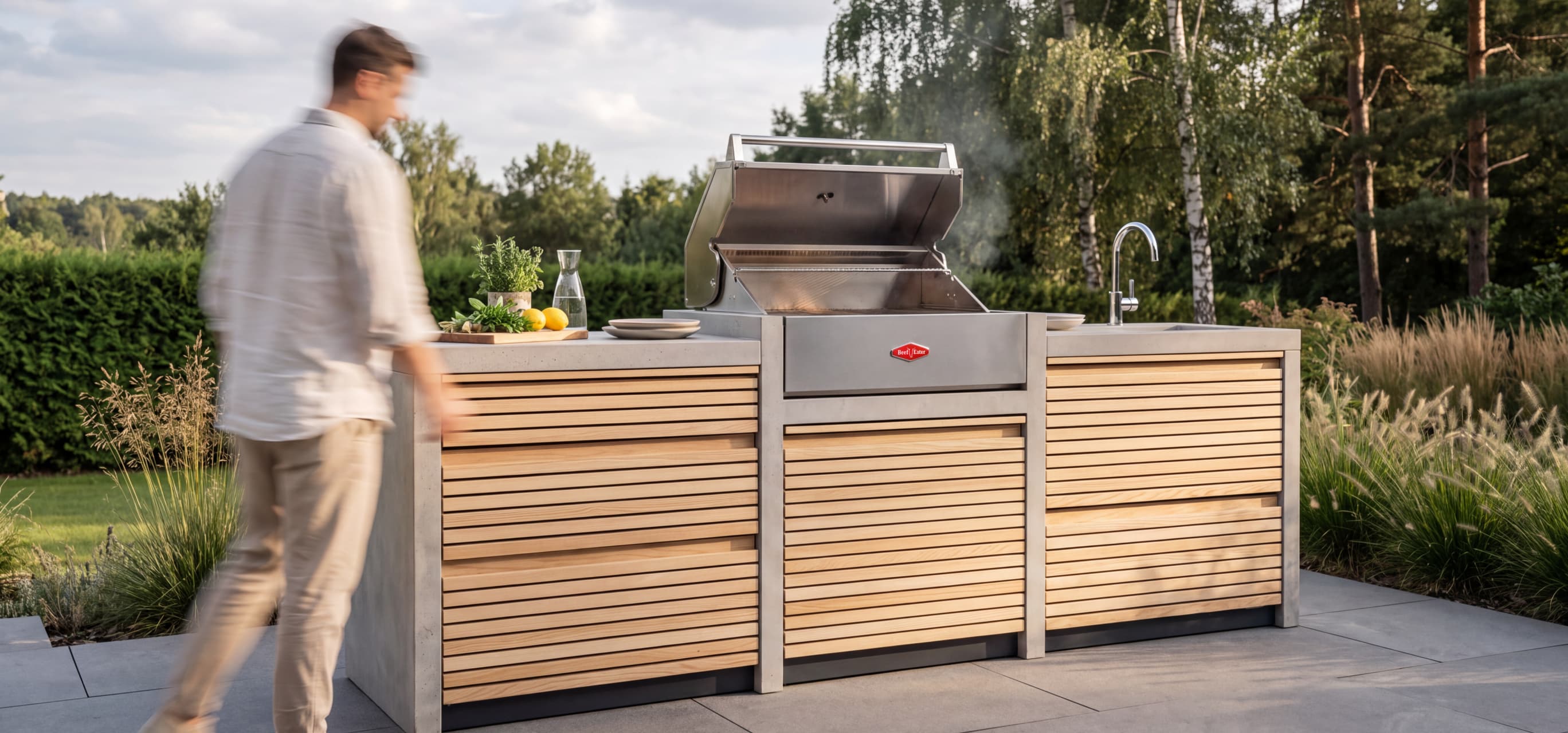 Lifestyle photo of a man walking past the full outdoor kitchen